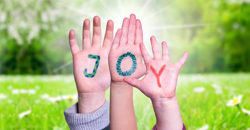 Children Hands Building Word Joy Grass Meadow Children Hands Building Colorful Word Joy Green Grass Meadow As Background 168593948